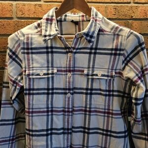 Patagonia Womens 10 Flannel/Plaid Button-Up Shirt, Cream, Blue, Burgundy Organic